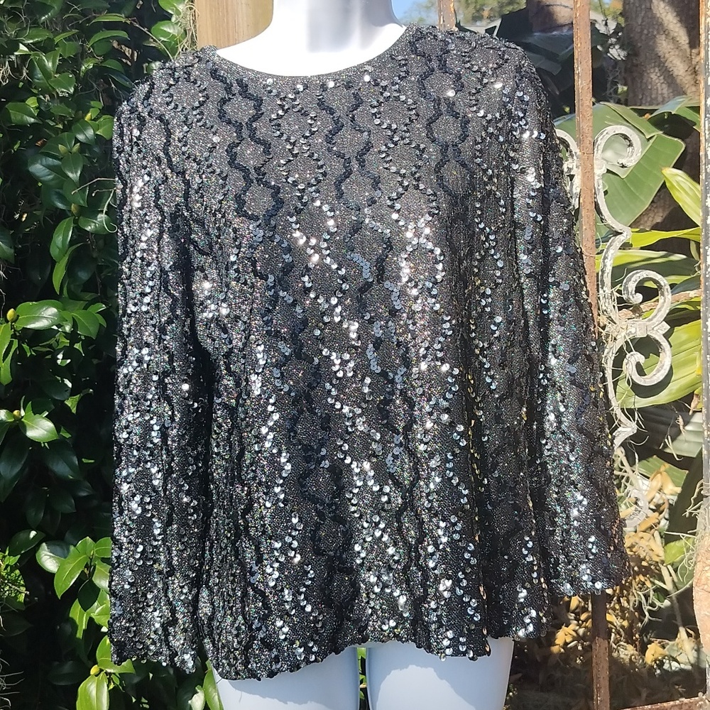 '70s vintage intricate black and silver sequin metallic top medium - Picture 1 of 7